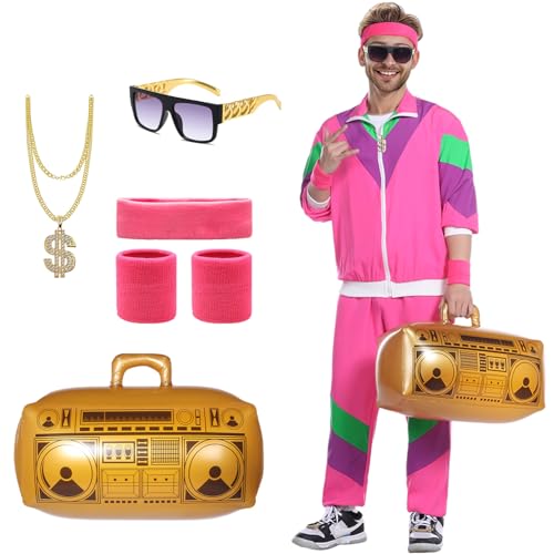 Blisscok 80er 90er Jahre Outfit Herren Damen,8 Pcs 80er 90er Kostüm Bad Taste Outfit Herren Damen mit Jacke Hose Goldkette Stirnband Armbänder Brille Aufblasbare Radio für Karneval (Rosa, L) von Blisscok