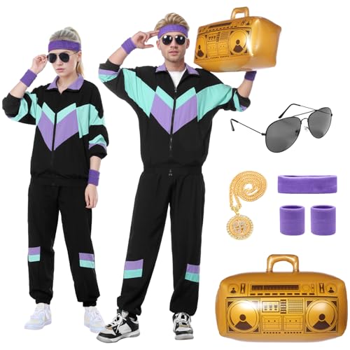 Blisscok 80er 90er Jahre Outfit Herren Damen,8 Pcs 80er 90er Kostüm Bad Taste Outfit Herren Damen mit Jacke Hose Goldkette Stirnband Armbänder Brille Aufblasbare Radio für Karneval (Schwarz, M) von Blisscok
