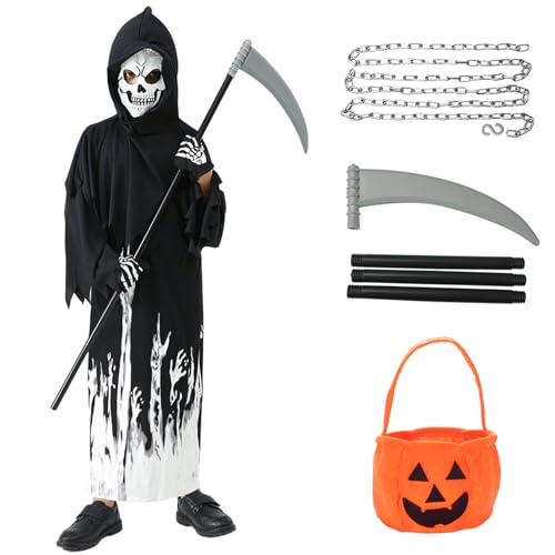 Blisscok Sensenmann Halloween Kostüm Kinder Schwarz Halloween Kostüm Kinder Jungen mit Sense Kette Halloween Kürbis Candy Bag für Halloween Cosplay (Schwarz, 130) von Blisscok