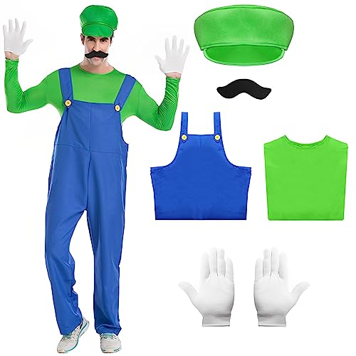 Blisscok Mario Kostüm Luigi Kostüm Set,5 Pcs Mario und Luigi Kostüm Erwachsene Herren mit Hose T-Shirt Hut Handschuhe Bart für Karneval Halloween Kostüm Faschingskostüme Männer (Grün(5 Stück), M) von Blisscok
