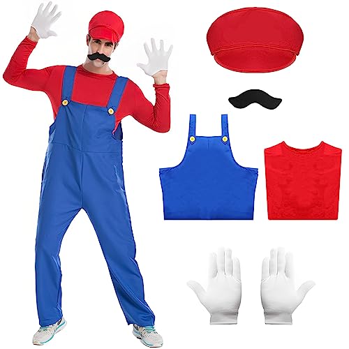 Blisscok Mario Kostüm Luigi Kostüm Set,5 Pcs Mario und Luigi Kostüm Erwachsene Herren mit Hose T-Shirt Hut Handschuhe Bart für Karneval Halloween Kostüm Faschingskostüme Männer (Rot(5 Stück), L) von Blisscok