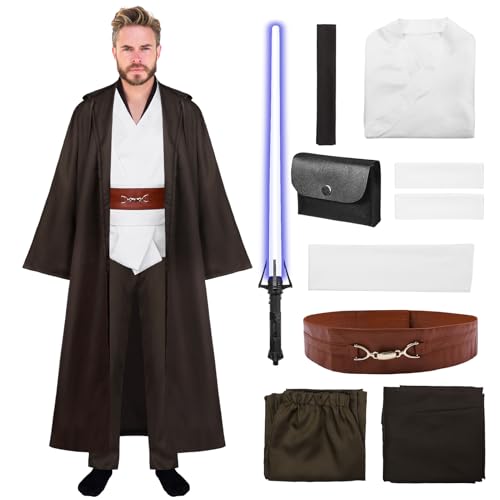 Blisscok Halloween Cosplay Kostüm mit Blau Lightsaber Tunika Kapuzenmantel Outfit Umhang mit Kapuze Mittelalterlich Hoodies Braun Robe Karneval Halloween Kostüm Herren (S) von Blisscok