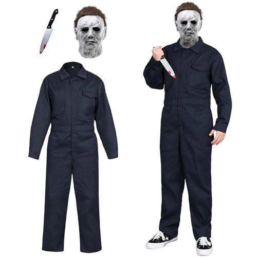 Blisscok Terror Myers Kostüm Karneval Kostüm Herren,3-teiliges Halloween Kostüm Gruselig Horror Killer Cosplay Kostüm mit Halloween Maske,Arbeitsoverall Herren für Halloween (Blau, XXL) von Blisscok