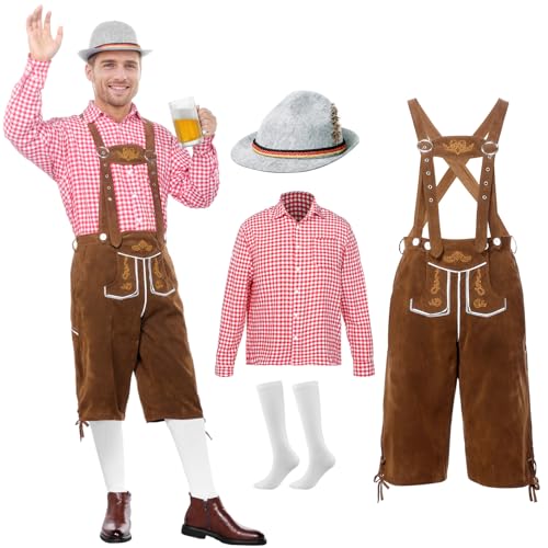 Blisscok Trachten Lederhose Herren Kurz mit TräGern Trachten Hemden Herren Oktoberfest Hut Socken 4 Teiliges Lederhose Herren Tracht Set für Oktoberfest (Rot + Braun, S) von Blisscok