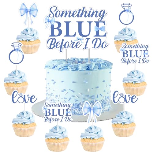 25 Stück Etwas Blau, bevor ich Kuchen Topper Etwas Blauer Bogen Braut Dusche Dekor Liebe und Ring Doppelseitige Cupcake Topper für Braut Braut Dusche Bachelorette Hochzeit Verlobungsmaterial von Blisstock