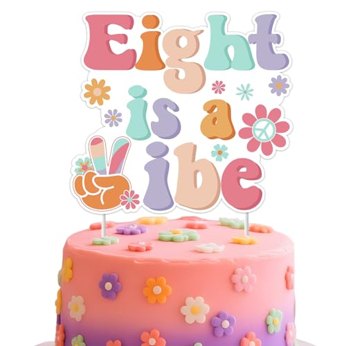 Acht ist eine Vibe Groovy 8. Geburtstag Dekorationen Hippie Retro Acht Kuchen Topper Boho Acht Jahre alt Bday Kuchen Dekor für Kinder Kinder böhmische Daisy Blume Geburtstag Party Zubehör von Blisstock