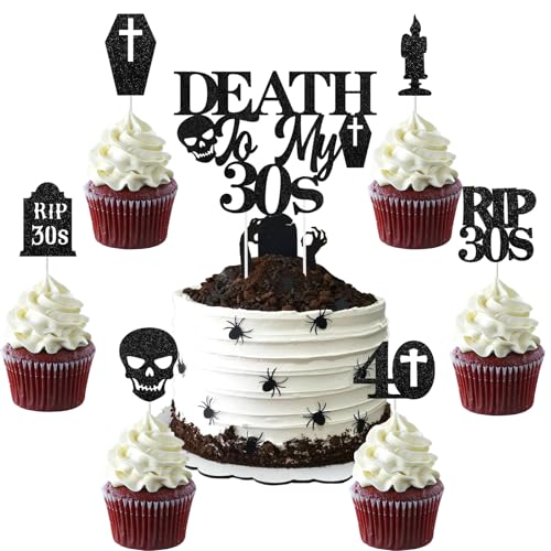 Cupcake-Topper mit Aufschrift "Death to My Thirties", schwarzer Glitzer, 40. Geburtstag, Dekoration für Beerdigung, Partyzubehör zum 40. Geburtstag, 25 Stück von Blisstock