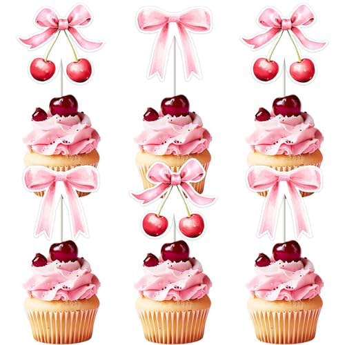 Cupcake-Topper mit Kirschschleife und rosa Schleife, Kuchendekoration, rosa Schleife, Cupcake-Dekoration für Mädchen und Frauen, Geburtstag, Babyparty, Junggesellinnenabschied, 36 Stück Cupcake-Topper mit Kirschschleife und rosa Schleife, Kuchendekoration, rosa Schleife, Cupcake-Dekoration für Mädchen und Frauen, Geburtstag, Babyparty, Junggesellinnenabschied, 36 Stück von Blisstock