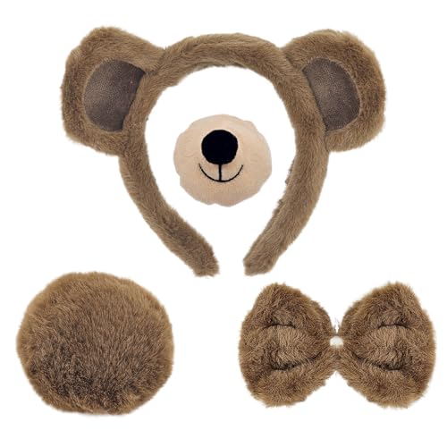 Bärenkostüm-Set, dunkelbraun, Bärenohren, Stirnband, Nasenschwanz, Fliege, flauschige Tier-Kopfbedeckung, Halloween-Zubehör, 4-teilig Bärenkostüm-Set, dunkelbraun, Bärenohren, Stirnband, Nasenschwanz, Fliege, flauschige Tier-Kopfbedeckung, Halloween-Zubehör, 4-teilig von Blithween