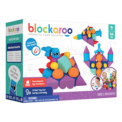 Blockaroo Magnetische Baukloetze als Lernspiel Fuer Kinder, paedagogisches Wasserspielzeug Set Fuer kreative Konstruktionen, optimal Fuer die Bannewanne, Konstruktions Box mit 50 Bausteinen von Blockaroo
