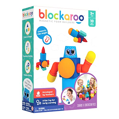 Blockaroo Magnetische Baukloetze als Lernspiel Fuer Kinder, paedagogisches Wasserspielzeug Set Fuer kreative Konstruktionen, optimal Fuer die Bannewanne, Roboter Box mit 10 Bausteinen von Blockaroo