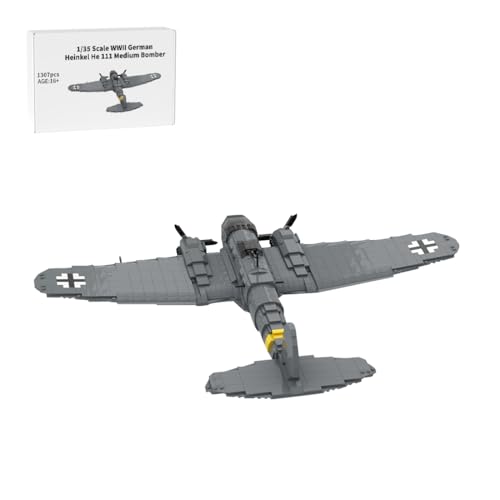 BlocteckToy Heinkel He 111 Bomber Modellbausatz, 1307 Teile 1/35 Maßstab WWII Deutscher Mittlerer Bomber, Klemmbausteine Militär Kampfflugzeug Technik Flugzeug Modell Set, MOC-182474 von BlocteckToy