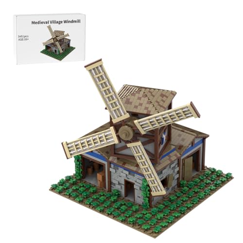 BlocteckToy Klemmbausteine Mittelalterliches Dorf Windmühle Set, 3451 Teile Mittelalterliches Architecture Haus Gebäude Set, MOC-201228 von BlocteckToy