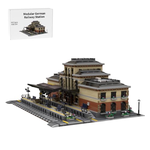 BlocteckToy MOC Klemmbausteine Deutscher Bahnhof Modell, 8571 Teile Groß Architecture Straßenszene Haus Bahnhof Modulare Gebäude Set, MOC-109197 von BlocteckToy