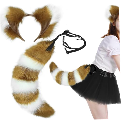 Blogiiup Faux Therian Tail, Fuchsohren und Schwanzset, pelzige Fuchs Ohren Stirnband, Kunstfell Therian Tail, niedliche Fuchskostüm für Erwachsene Kinder Cosplay -Party -Kostümzubehör, Kamel von Blogiiup