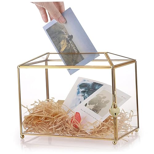 Blogiiup Kartenbox für Hochzeit, Goldkartenbox mit Schloss und Schlitz, 10x6x8 Zoll klares Glas mit Nicht -Slip -Füßen für Hochzeitsempfänge, Brautdusche, Geburtstagsfeier von Blogiiup