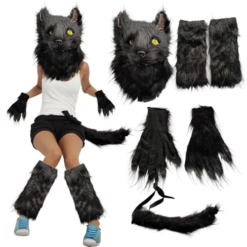 Katzenmaske, schwarzes Katzenkostüm für erwachsene Frauen mit pelziger Katzenmaske, Katzenpfotenhandschuhe, Katzenschwanz- und Beinwärmer Fuchs Wolf Pelzige Kostüm für Cosplay -Party -Requisiten, The Katzenmaske, schwarzes Katzenkostüm für erwachsene Frauen mit pelziger Katzenmaske, Katzenpfotenhandschuhe, Katzenschwanz- und Beinwärmer Fuchs Wolf Pelzige Kostüm für Cosplay -Party -Requisiten, The von Blogiiup