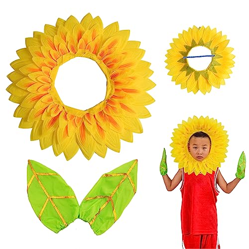 Sonnenblumen-Stirnband für Kinder,3 Stück/Set,42 cm gelbes Seidentuch, Sonnenblumen-Kopfbedeckung,elastisches Band,lustige Performance-Requisiten,Hut,Kapuze,Sonnenblumen-Kopfhaube mit Handschuhen von Blogiiup