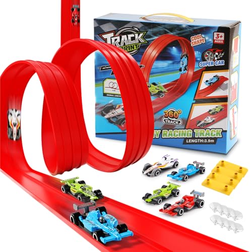 Blomise Flexibles Rennstrecke Schienen Spielzeug, 4M Trackset mit 4 Fahrzeug für Stunt- und Rennaction, Flexible Spielzeugautobahn für Kinder Junge, Anbringen an Fenstern Türen für Stöße Sprünge von Blomise