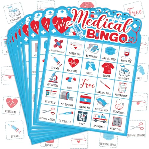 Blosssound Medizinische Bingo-Karten, 24 Spieler, Krankenschwester-Bingo-Spiele, medizinische Abschlussfeier, Party-Spiele für Erwachsene, Abschlussfeier, 2025, Pflege-Aktivitäten, Zubehör, Familie von Blosssound