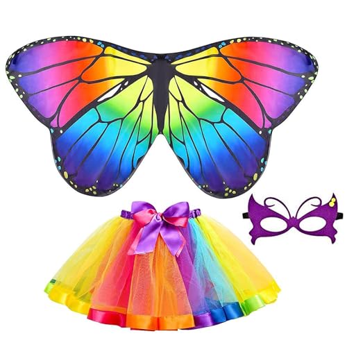 BluVast Schmetterling Kostüm Kinder, 3 Stück Feen Kostüm Mädchen, Schmetterlingsflügel Mit Flügeln Maske, Feenflügel Geeignet für Karneval Halloween Cosplay Party von BluVast