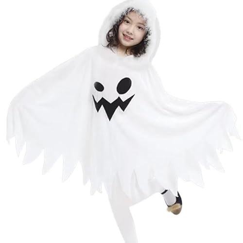 Blucielo Geister Kostüm für Mädchen, Halloween Gespenst Kostüm Weiß Mit Kapuze (110-120CM) von Blucielo