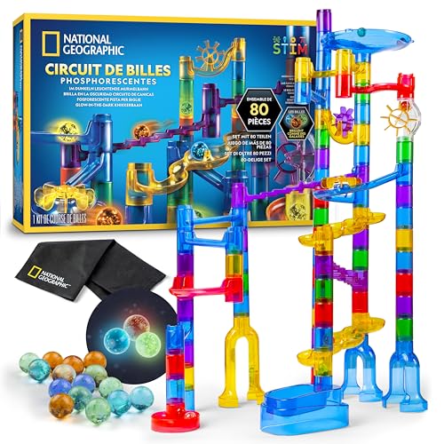 NATIONAL Geographic Leuchtende Murmelbahn – Konstruktionsset mit 15 im Dunkeln leuchtenden Glasmurmeln & Aufbewahrungstasche, Mint-Spielzeug für Jungen und Mädchen von Blue Marble