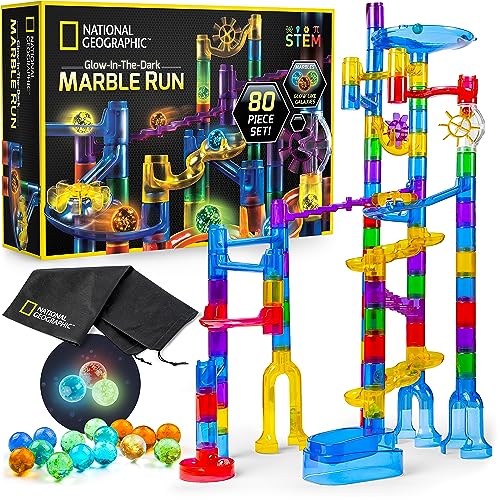 National Geographic Glowing Marble Run – 80 Piece Construction Set with 15 Glow-in-The-Dark Glass Marbles, Mesh Storage Bag & Marble Pouch, Great Creative Stem Toy for Girls & Boys von Blue Marble