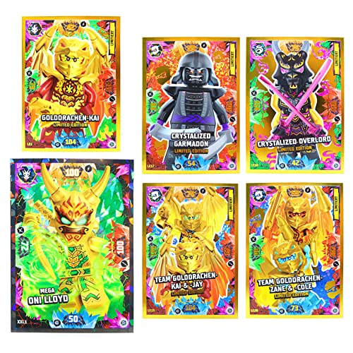 Lego Ninjago Karten Trading Cards Serie 8 - Crystalized (2023) - LE17 + LE18 + LE19 + LE20 + LE1 + XXL1 Gold Karte Sammelkarten Bundle + 10 Originale Hüllen von Blue Ocean / STRONCARD