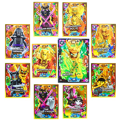 Lego Ninjago Karten Trading Cards Serie 8 - Crystalized (2023) - LE17 + LE18 + LE19 + LE20 + LE21 + LE22 + LE23 + LE24 + LE1 + XXL1 Gold Karte Sammelkarten Bundle + 10 Originale Hüllen von Blue Ocean / STRONCARD