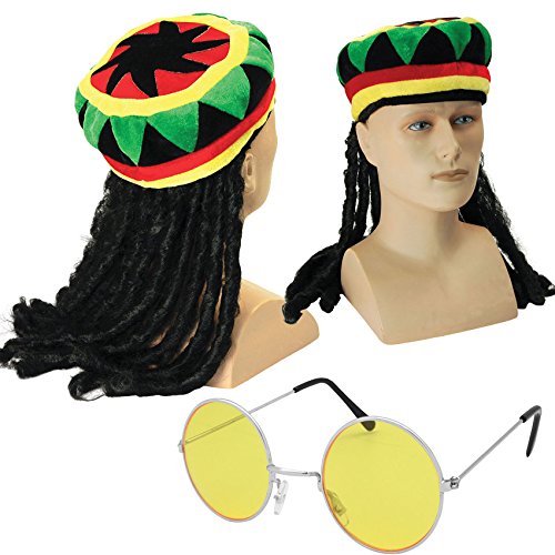 Jamaikanischer Hut mit Rasta-Dreadlocks + Runde gefärbte Brillen von Blue Planet Online