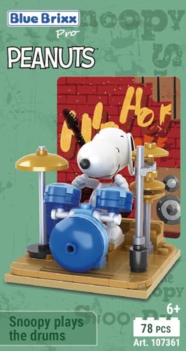 BlueBrixx Pro 107361 – Snoopy spielt Schlagzeug aus Klemmbausteinen mit 78 Bauelementen von BlueBrixx