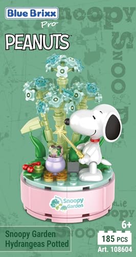 BlueBrixx Pro 108604 – Snoopy Garten „Hortensien im Topf“ aus Klemmbausteinen mit 185 Bauelementen von BlueBrixx