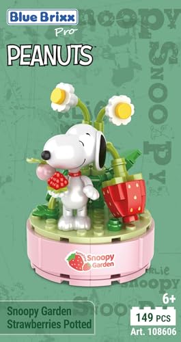 BlueBrixx Pro 108606 – Snoopy Garten „Erdbeeren im Topf“ aus Klemmbausteinen mit 149 Bauelementen von BlueBrixx