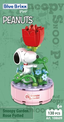 BlueBrixx Pro 108609 – Snoopy Garten „Rose im Topf“ aus Klemmbausteinen mit 130 Bauelementen von BlueBrixx