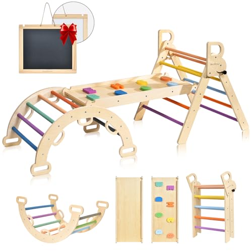 BlueWood 3-in-1 Montessori Indoor Spielset mit Bogen, Rampe und Kletterdreieck, Holz-Dreieckset für Baby-Innenspielplatz für Kinder, Spielplatz-Klettertoys für Kleinkinder – Regenbogen von BlueWood
