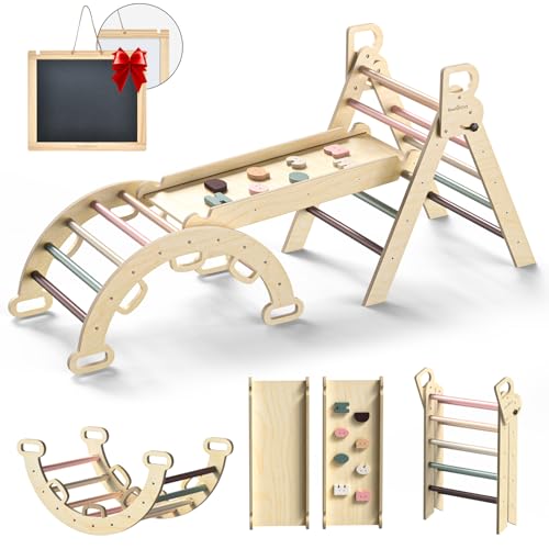 BlueWood 3-in-1 Montessori kletterdreieck Klettergerüst für Kinder mit Rutsche, Kletterleiter und Kletterbogen, Wippe, Klettergerüst Indoor, klettergerüst Indoor ab 2 Jahr von BlueWood