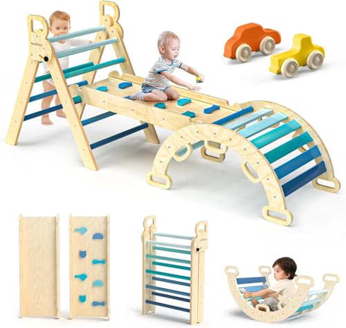 BlueWood Kletterspielzeug mit Indoor, 4-in-1 Montessori kletterdreieck Klettergerüst für Kinder mit Rutsche, Kletterleiter und Kletterbogen, Wippe, Klettergerüst Indoor, klettergerüst indoor ab 1 Jahr von BlueWood