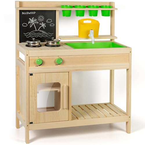 BlueWood Matschküche Kinder Outdoor – FSC Holz Küche mit Wasserhahn, Spielbecken & Stauraum für Garten & Balkon – Montessori Spielküche ab 3 Jahren von BlueWood