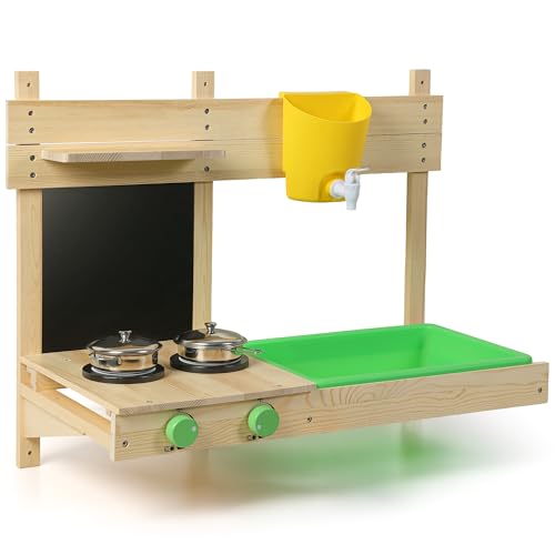 BlueWood Matschküche Kinder Outdoor – FSC Holz Küche mit Wasserhahn, Spielbecken & Stauraum für Garten & Balkon – Montessori Spielküche ab 3 Jahren von BlueWood