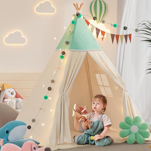 BlueWood Tipi Zelt für Kinder, Spielzelt mit Gepolsterter Decke, Lichterkette, Tragetasche, Segeltuch Kinderzelt, Kindertipi im Montessori-Stil für Kinder - Hellgrün BlueWood Tipi Zelt für Kinder, Spielzelt mit Gepolsterter Decke, Lichterkette, Tragetasche, Segeltuch Kinderzelt, Kindertipi im Montessori-Stil für Kinder - Hellgrün von BlueWood