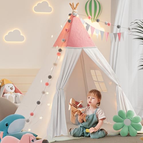 BlueWood Tipi Zelt für Kinder, Spielzelt mit Gepolsterter Decke, Lichterkette, Tragetasche, Segeltuch Kinderzelt, Kindertipi im Montessori-Stil für Kinder - Rosa BlueWood Tipi Zelt für Kinder, Spielzelt mit Gepolsterter Decke, Lichterkette, Tragetasche, Segeltuch Kinderzelt, Kindertipi im Montessori-Stil für Kinder - Rosa von BlueWood