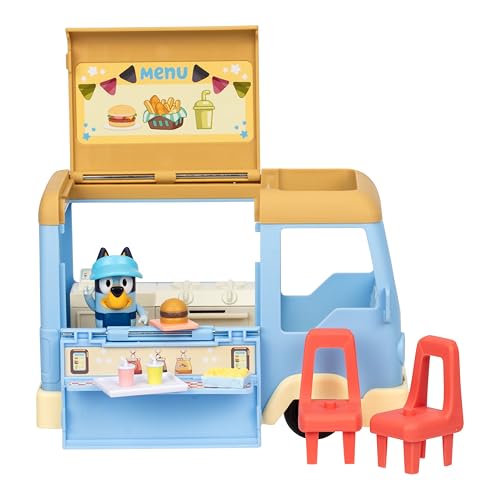 BlueY Spielset ausklappbarer Imbisswagen, verwandelt Sich in EIN Café mit Essbereich und Stühlen, Enthält Exklusive Figur mit Schürze und Sonnenblente, 5 Zubehörteile und Stickerbogen von BlueY