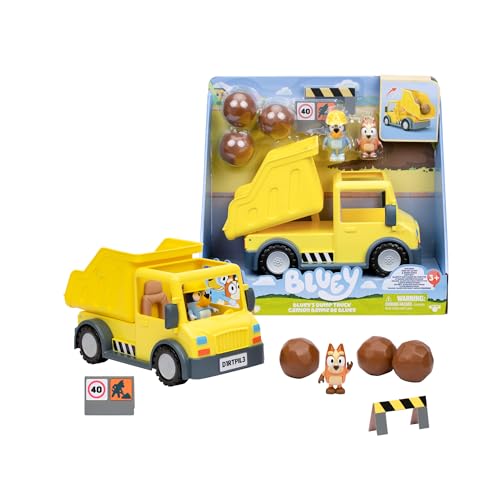 Bluey Dump Truck, Müllwagen, inkl. Figur, inkl. Aufkleber, 2 Warnmeldungen und 3 Plastikfelsen für Ihr Abenteuer, Berühmte (BLY96000) von BlueY