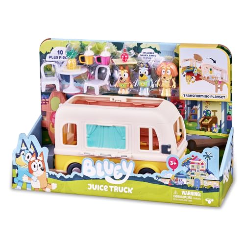 Bluey Juice Truck Playset, Spielzeug des Saftwagens, 3 bewegliche Figuren der Serie, Lebensmittelzubehör und dekorative Aufkleber, für Jungen und Mädchen ab 3 Jahren, berühmt (BLY48000) Bluey Juice Truck Playset, Spielzeug des Saftwagens, 3 bewegliche Figuren der Serie, Lebensmittelzubehör und dekorative Aufkleber, für Jungen und Mädchen ab 3 Jahren, berühmt (BLY48000) von BlueY