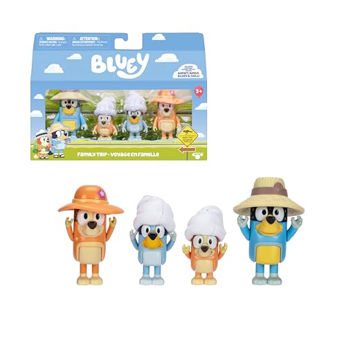 Bluey Packung mit 4 Figuren, Family Trip, bewegliche Figuren, Freunde, bereit für Abenteuer, Puppen der Kinderserie, Exklusives Spielzeug, berühmt (BLYA0200) von BlueY