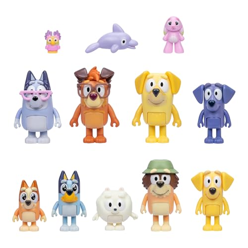 BlueY-Superfan-Spielset; 12 Figuren (5–6,3 cm) Bingo mit flehendem Gesichtsausdruck; Chattermax; Wellenreiter; Kuschelhase Floppy; Lucky; Nana; Jean-Luc; Luckys Dad; Joff; Pom Pom; Opa von BlueY