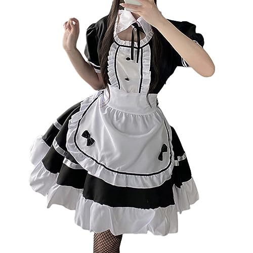 Bluelucon French Maid Kleid für Damen,Maid Outfit Maid Dress Maid Outfit Cosplay Dienstmädchen Kostüm Klassisch Café Maid Kostüm Karneval Halloween Maskerade Niedlich Schwarz,XXL von Bluelucon