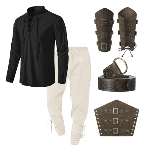 Bluelucon Mittelalter Hemd Viking Oufit Herren Renaissance Viktorian Piraten Schnürhemd Fischerhemd Kriegerin Gothic Stehkragen Cosplay Top with Kniebundhose Armschützer Steampunk Ritter Gürtel Bluelucon Mittelalter Hemd Viking Oufit Herren Renaissance Viktorian Piraten Schnürhemd Fischerhemd Kriegerin Gothic Stehkragen Cosplay Top with Kniebundhose Armschützer Steampunk Ritter Gürtel von Bluelucon