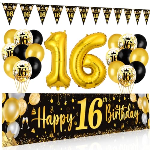 16 Geburtstag Deko Junge Mädchen, 16 Happy Birthday Banner Schwarz Gold, Luftballons 16 Geburtstag Wimpel Girlande, Deko 16. Geburtstag Hintergrund Ballons Schwarz Gold für Jungen Mädchen Party Deko 16 Geburtstag Deko Junge Mädchen, 16 Happy Birthday Banner Schwarz Gold, Luftballons 16 Geburtstag Wimpel Girlande, Deko 16. Geburtstag Hintergrund Ballons Schwarz Gold für Jungen Mädchen Party Deko von Bluelves